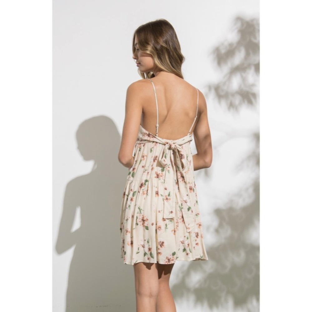 SOLD OUT Yulia Cream Floral Flowly Tie Back Mini Spring Summer Boho Casual Dress - Picture 6 of 6